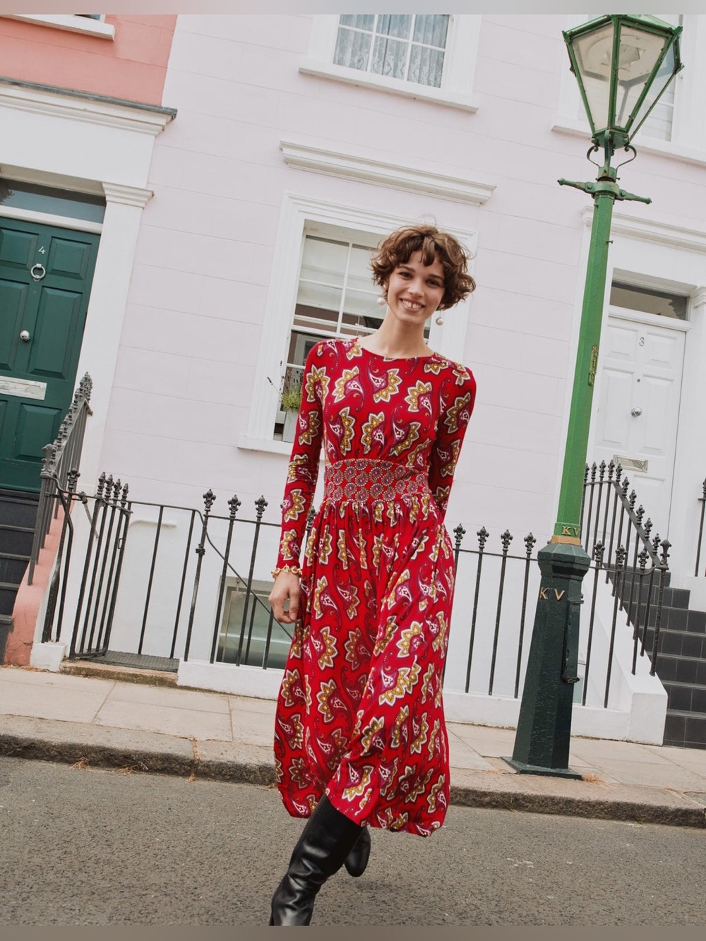 BODEN  $130 Thea Red Paisley Amaryllis Jersey Knit Midi Dress US 4R #120 - Picture 4 of 7
